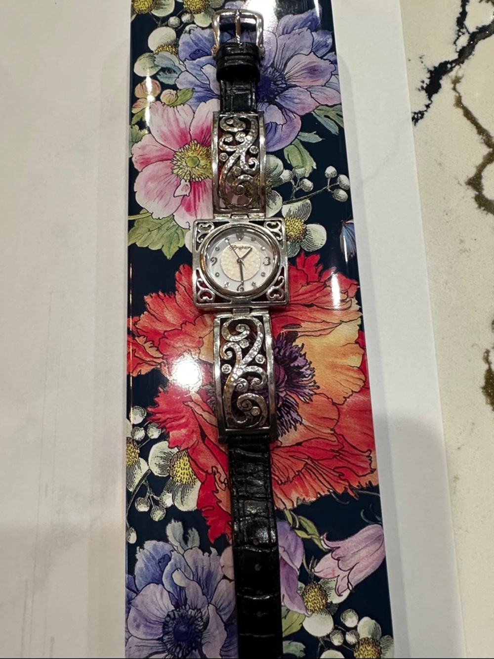 Brighton Silver Scroll Face Watch with Black Leather Strap